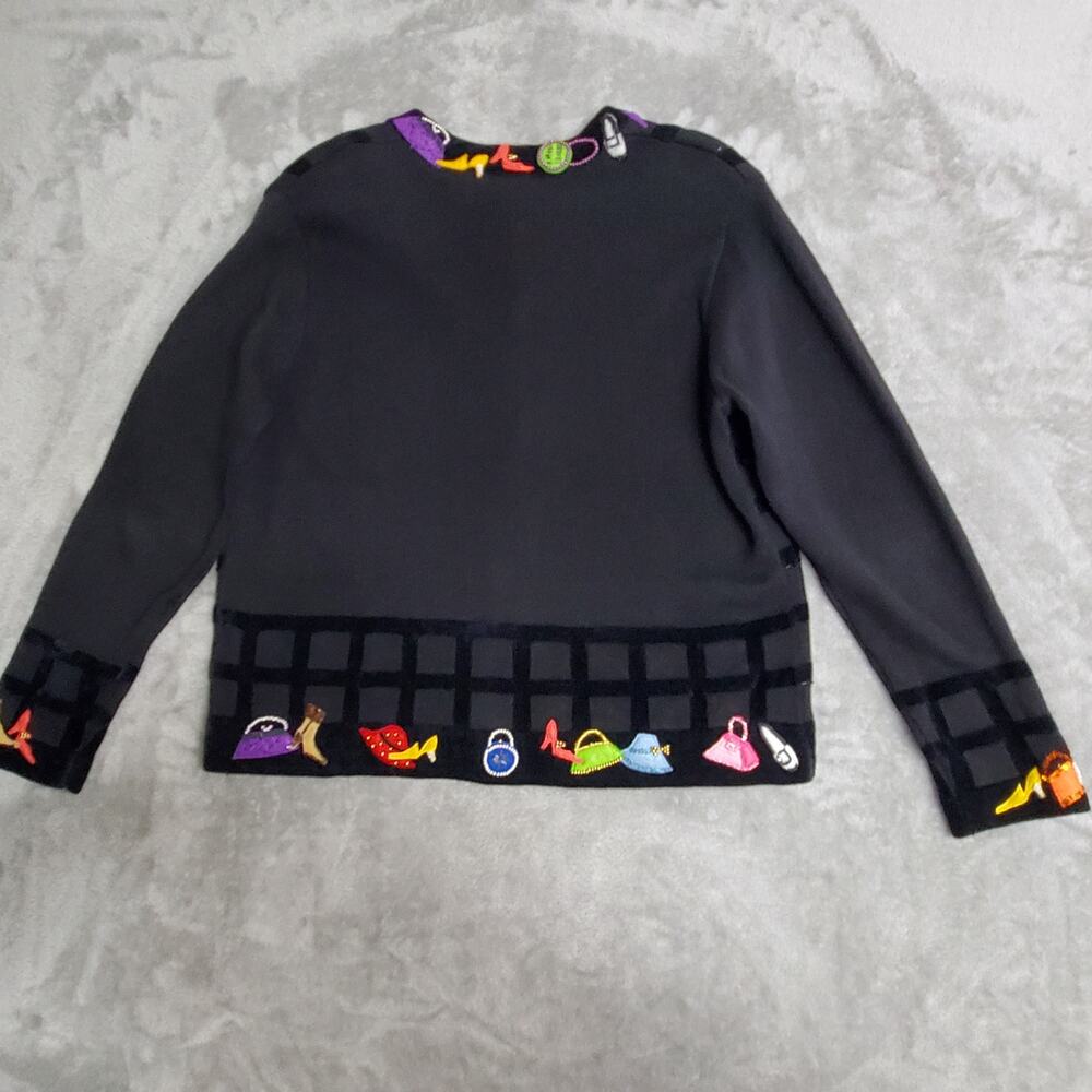 Vintage Just B Fashion Cardigan Sweater L Black Beaded Embellished Novelty - Picture 2 of 16